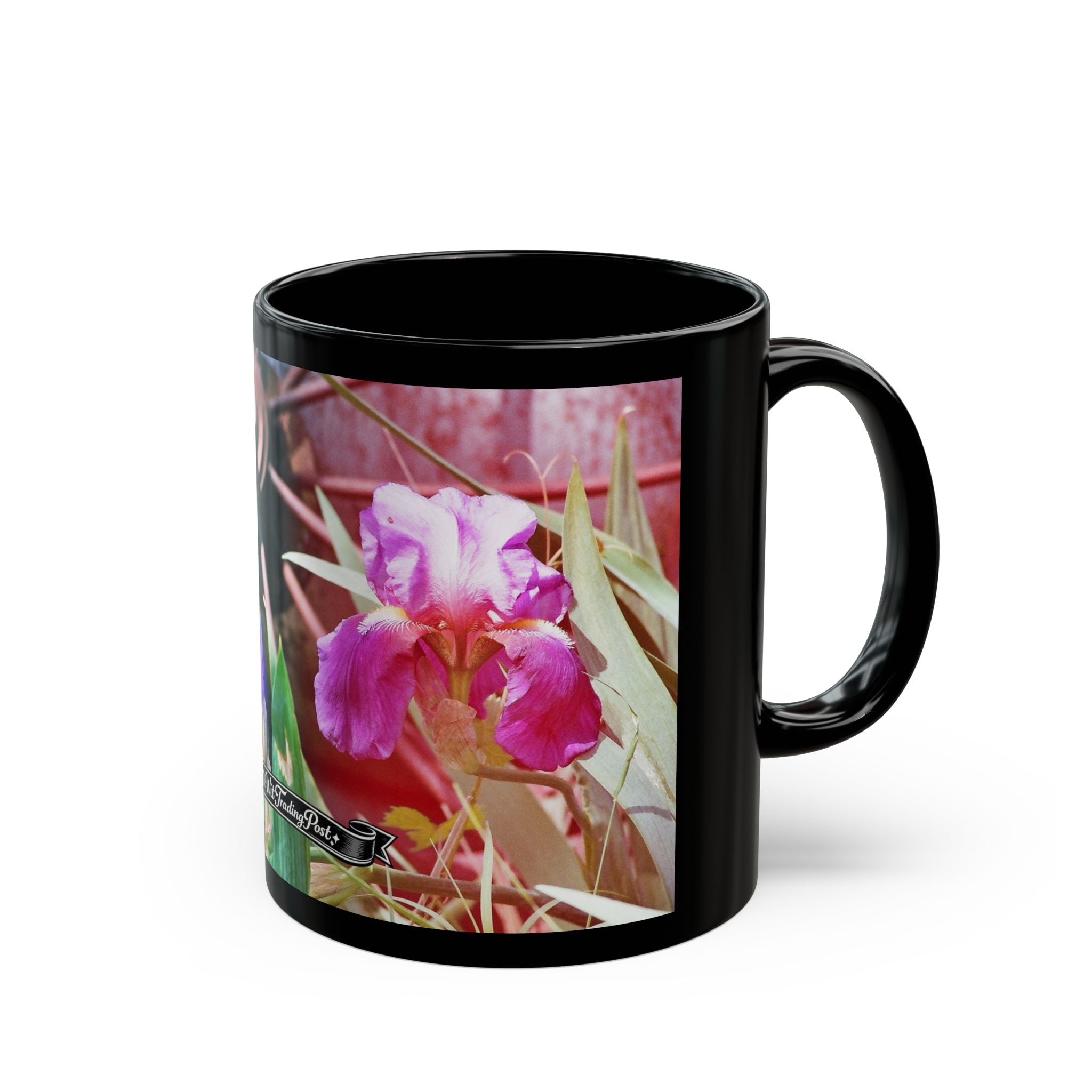 Pink Iris Floral Photo Mug | Black Ceramic Coffee Mug