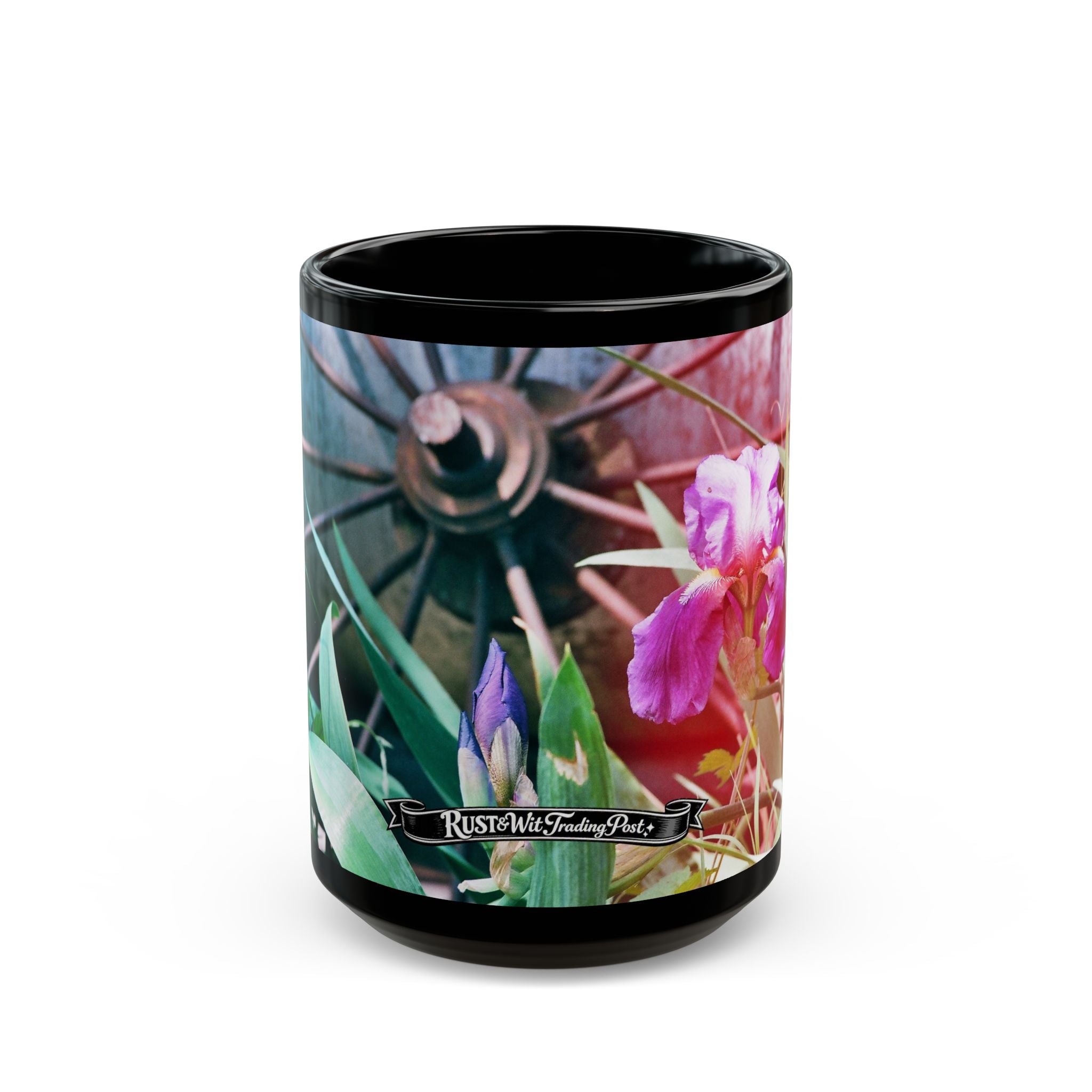 Pink Iris Floral Photo Mug | Black Ceramic Coffee Mug