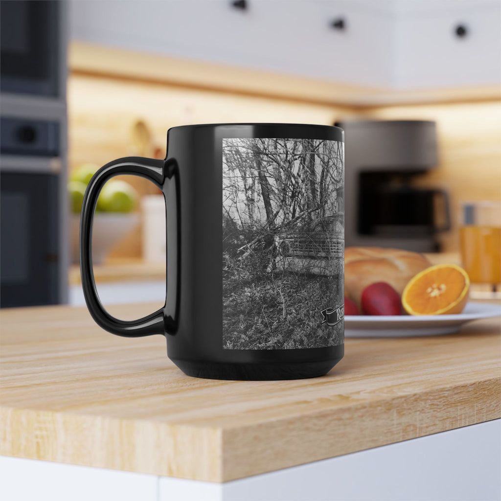 Abandoned Truck Scene Black Mug | Rustic Farmhouse Graveled Road Photo