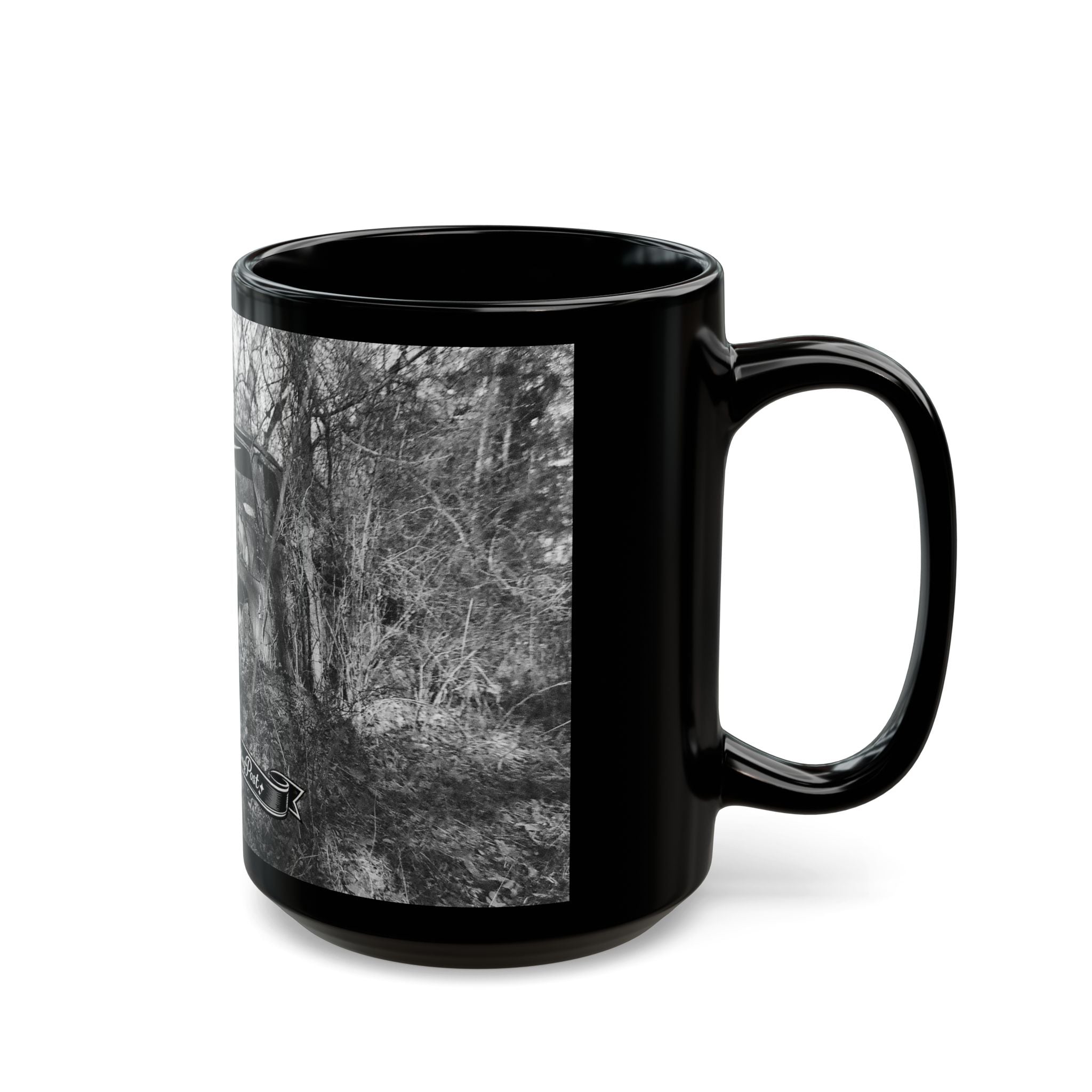 Abandoned Truck Scene Black Mug | Rustic Farmhouse Graveled Road Photo