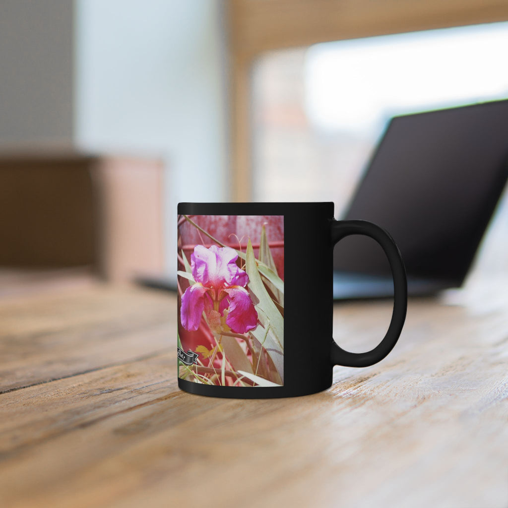 Pink Iris Floral Photo Mug | Black Ceramic Coffee Mug