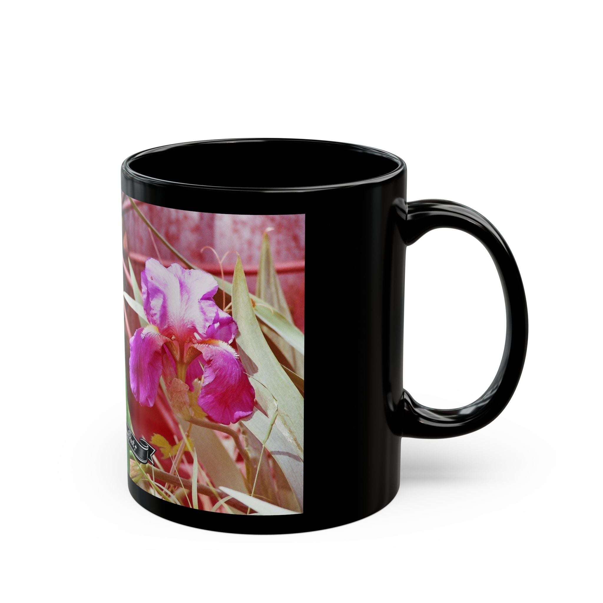 Pink Iris Floral Photo Mug | Black Ceramic Coffee Mug